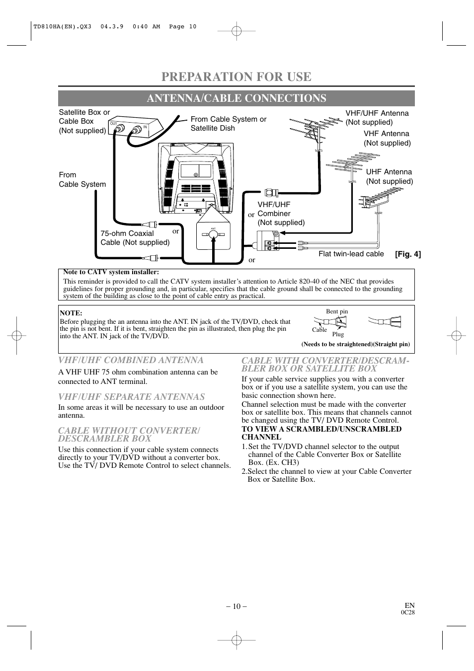Preparation for use, Antenna/cable connections, Vhf/uhf combined antenna | Vhf/uhf separate antennas, Cable without converter/ descrambler box | Sylvania 6520FDD User Manual | Page 10 / 34