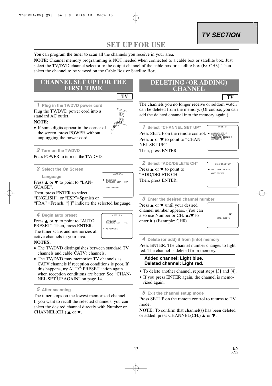 Set up for use, Channel set up for the first time, Deleting (or adding) channel | Sylvania 6520FDD User Manual | Page 13 / 34