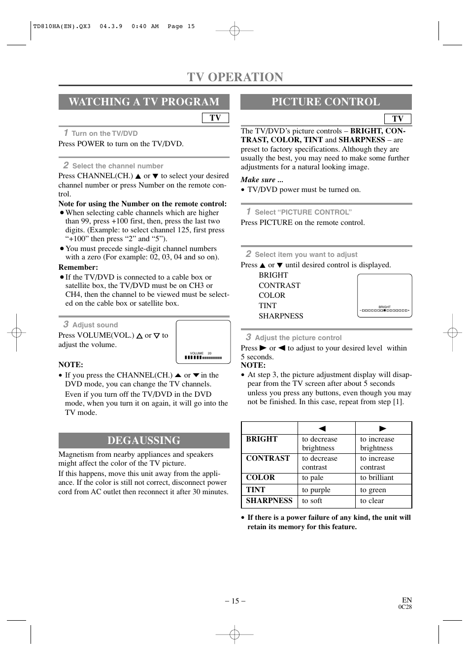 Tv operation, Degaussing, Watching a tv program | Picture control | Sylvania 6520FDD User Manual | Page 15 / 34