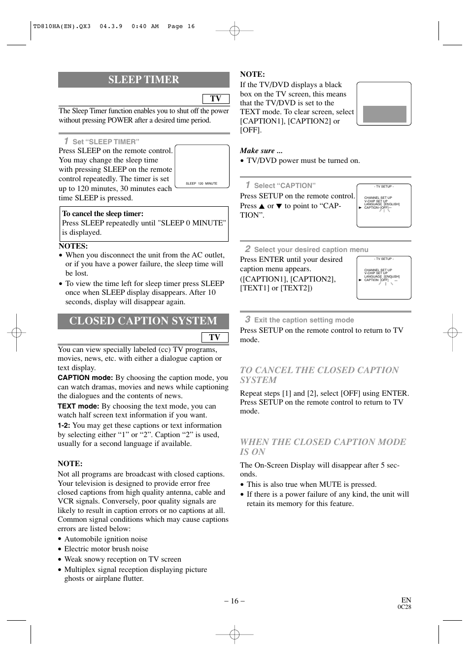 Closed caption system, Sleep timer | Sylvania 6520FDD User Manual | Page 16 / 34