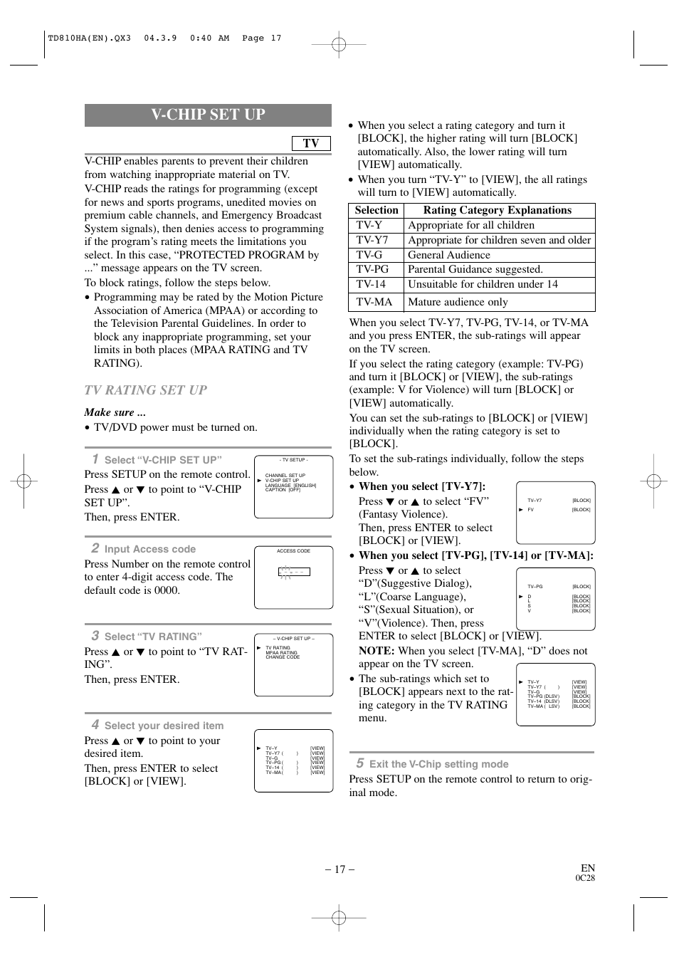 V-chip set up, Tv rating set up, Make sure | Tv/dvd power must be turned on | Sylvania 6520FDD User Manual | Page 17 / 34