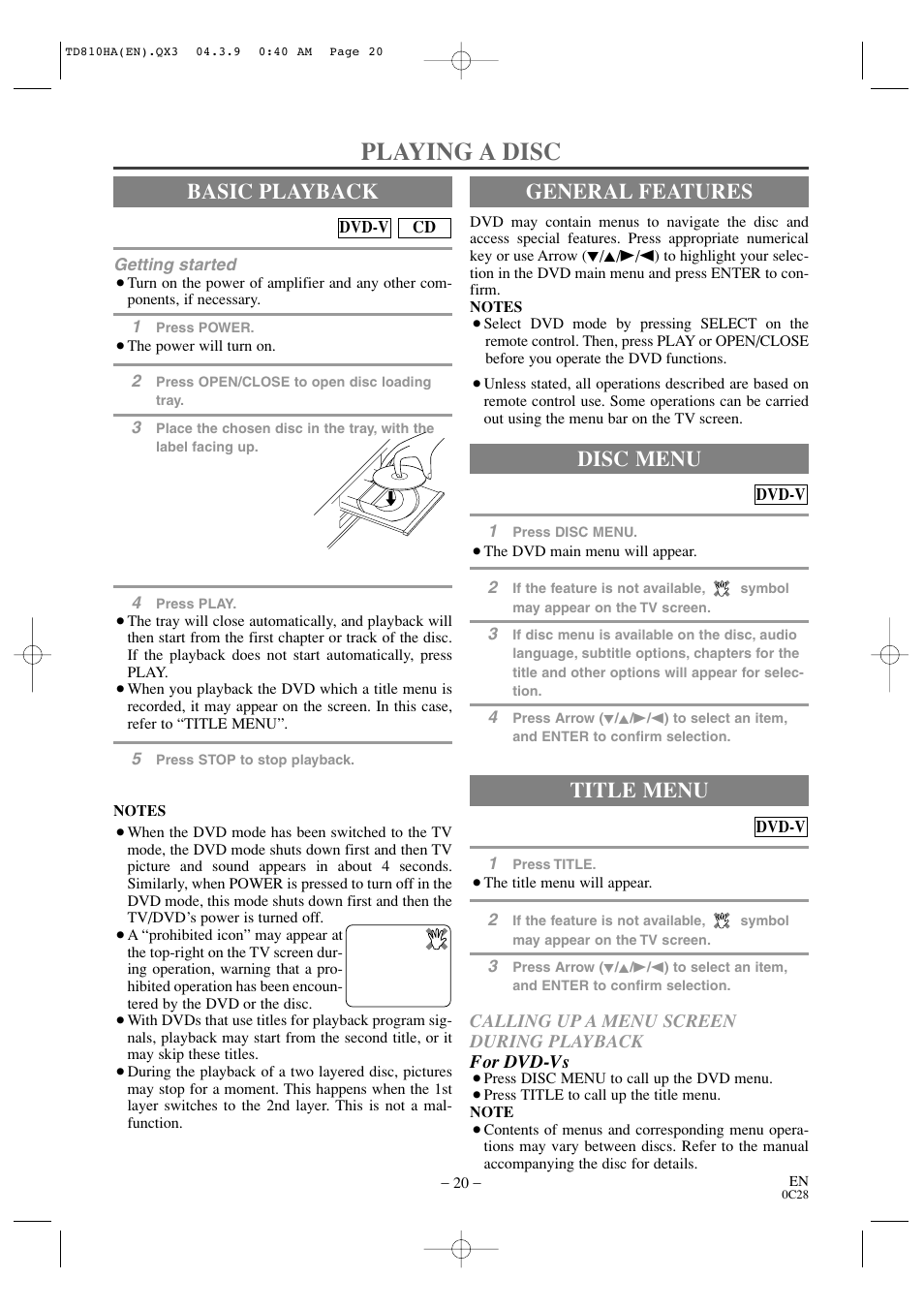 Playing a disc, Basic playback, General features | Title menu, Disc menu | Sylvania 6520FDD User Manual | Page 20 / 34