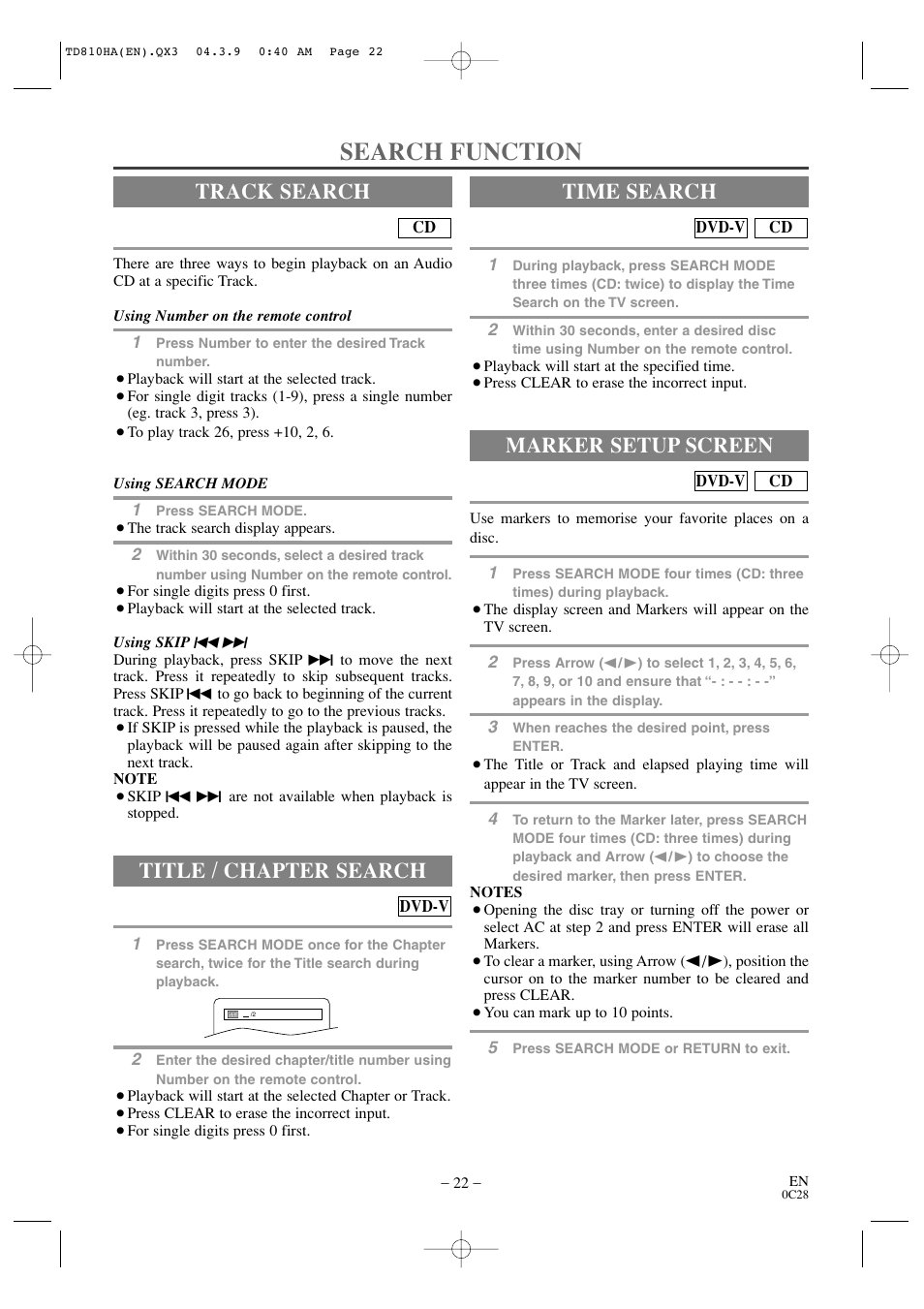 Search function, Track search, Title / chapter search | Time search, Marker setup screen | Sylvania 6520FDD User Manual | Page 22 / 34