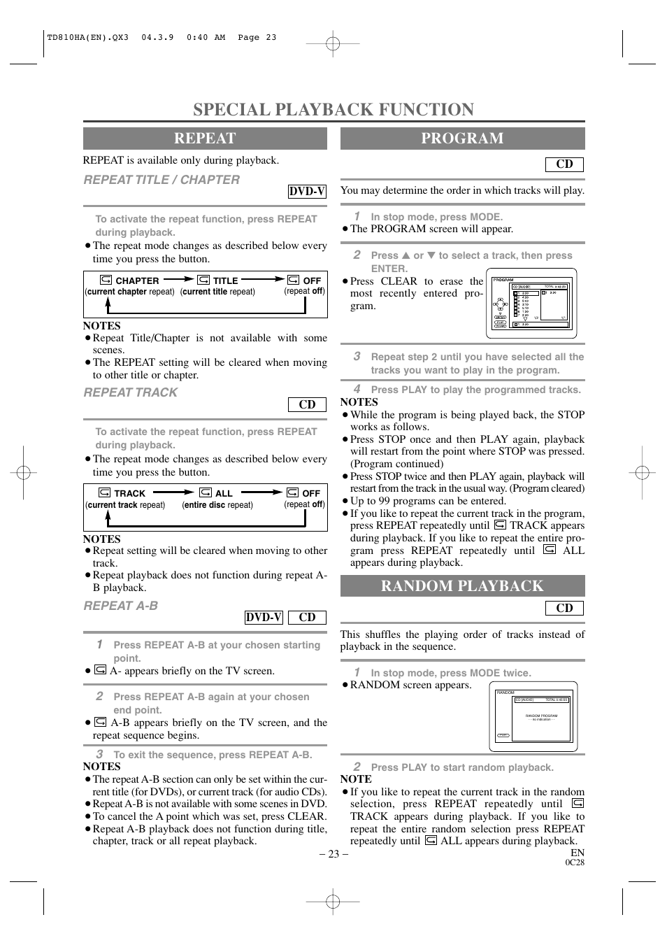 Special playback function, Repeat, Program | Random playback | Sylvania 6520FDD User Manual | Page 23 / 34