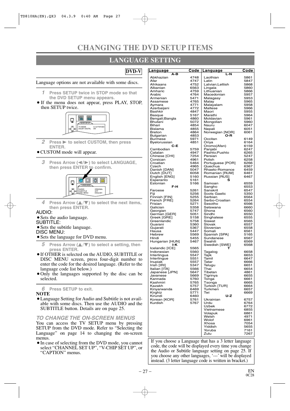 Changing the dvd setup items, Language setting, Dvd-v | Language options are not available with some discs, Custom mode will appear, Audio, Sets the audio language. subtitle, Sets the subtitle language. disc menu, Sets the language for dvd menu | Sylvania 6520FDD User Manual | Page 27 / 34