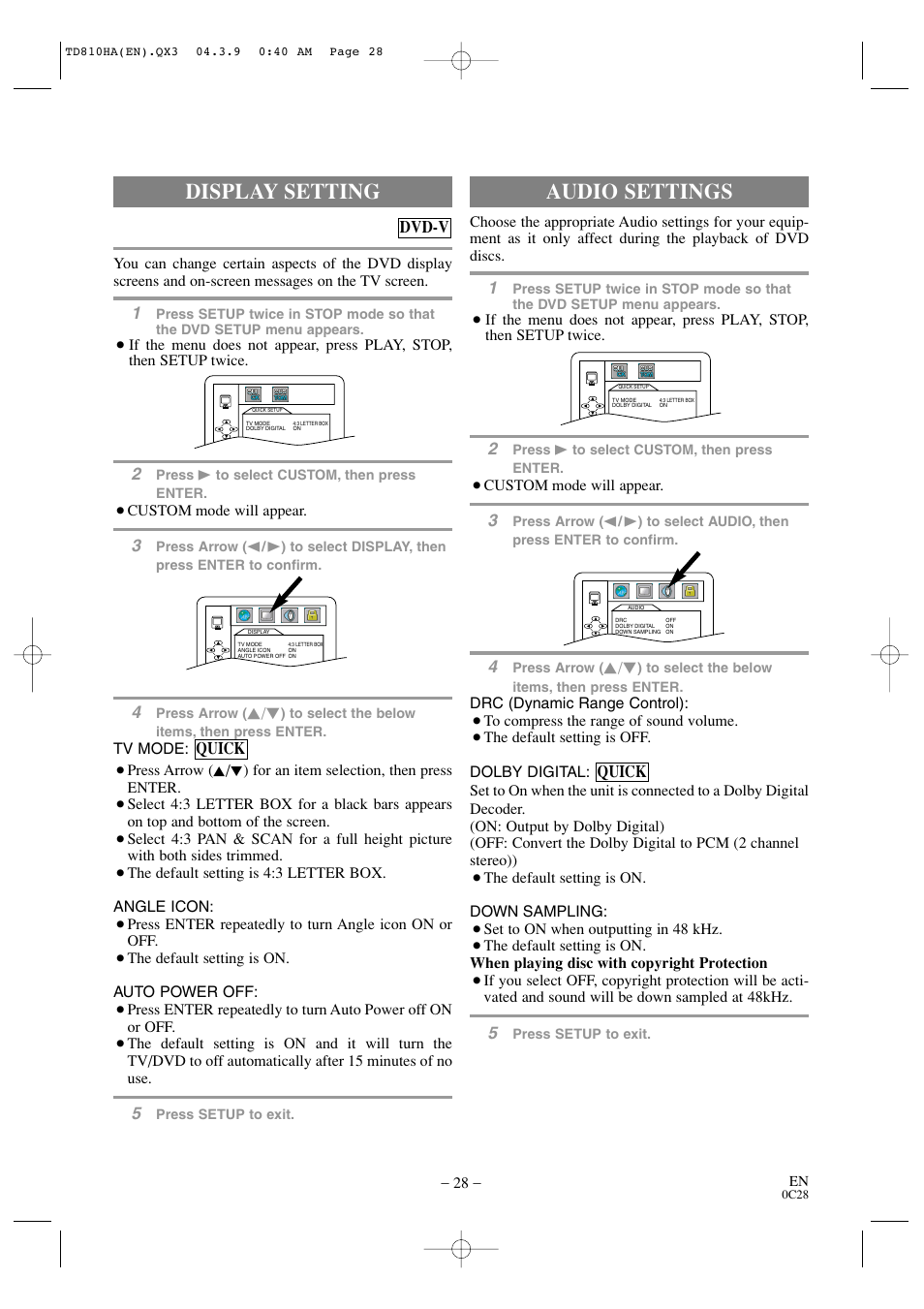 Audio settings, Display setting, Quick | Quick dvd-v | Sylvania 6520FDD User Manual | Page 28 / 34