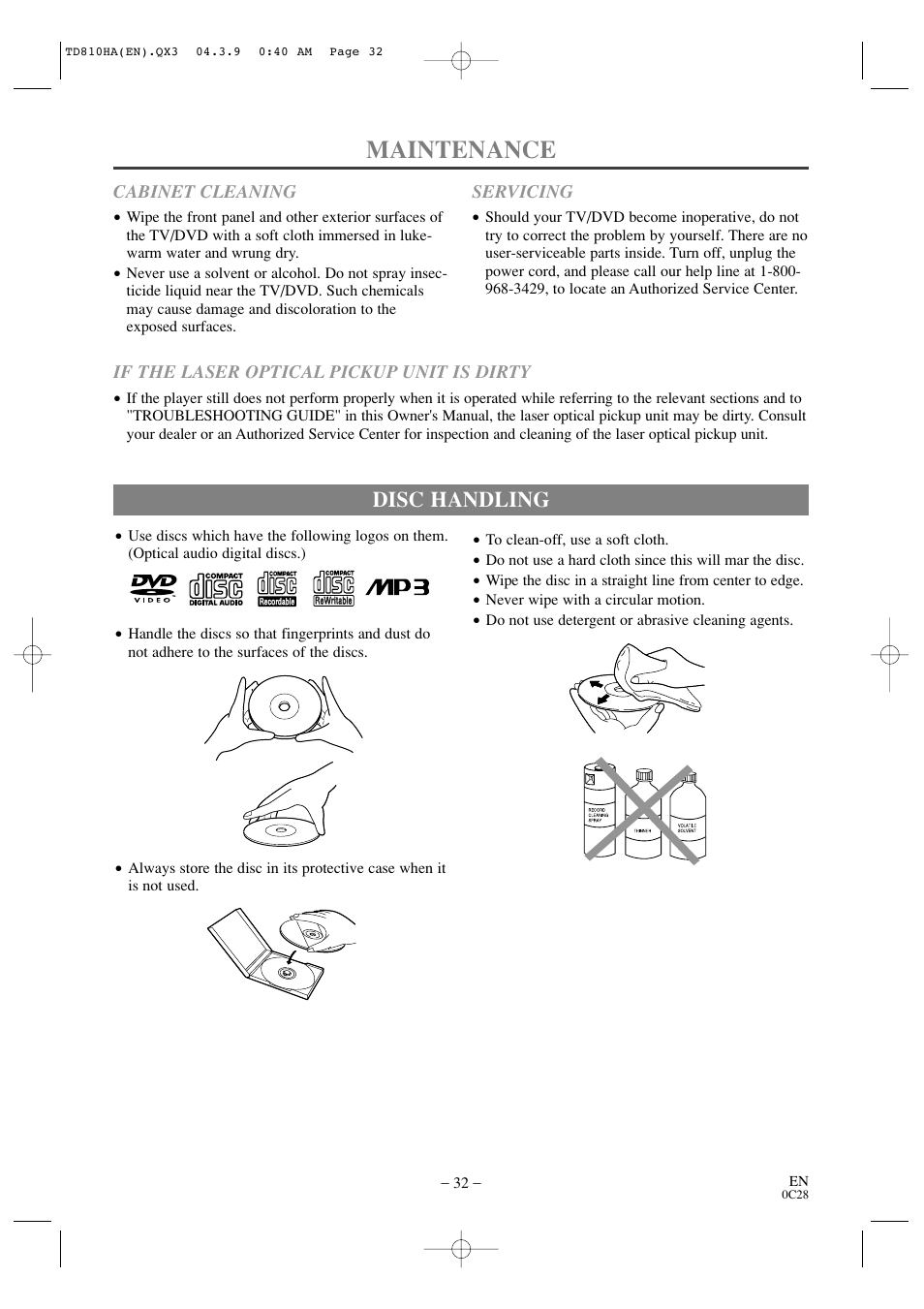 Maintenance, Disc handling | Sylvania 6520FDD User Manual | Page 32 / 34