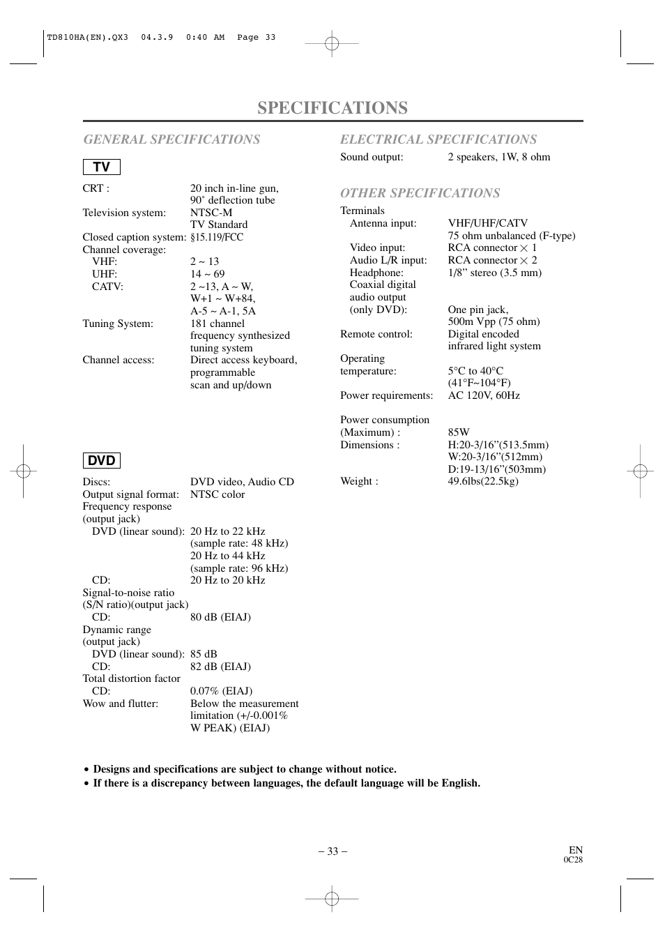 Specifications | Sylvania 6520FDD User Manual | Page 33 / 34