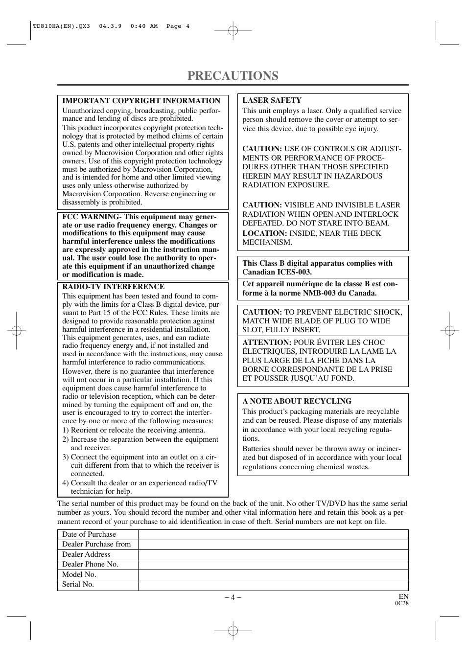Precautions | Sylvania 6520FDD User Manual | Page 4 / 34