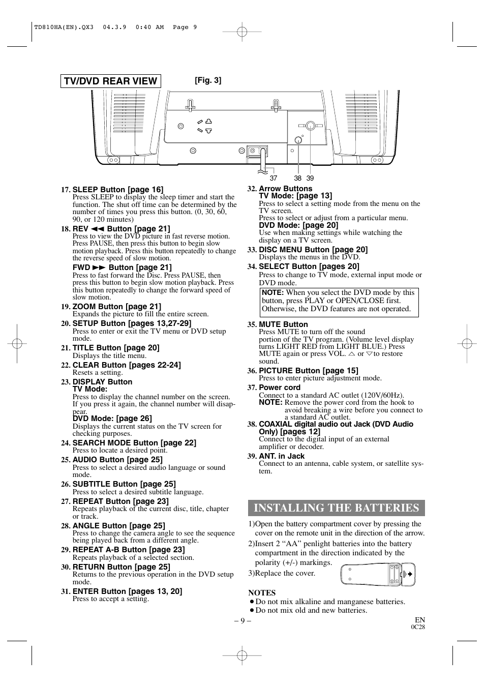 Installing the batteries, Tv/dvd rear view | Sylvania 6520FDD User Manual | Page 9 / 34