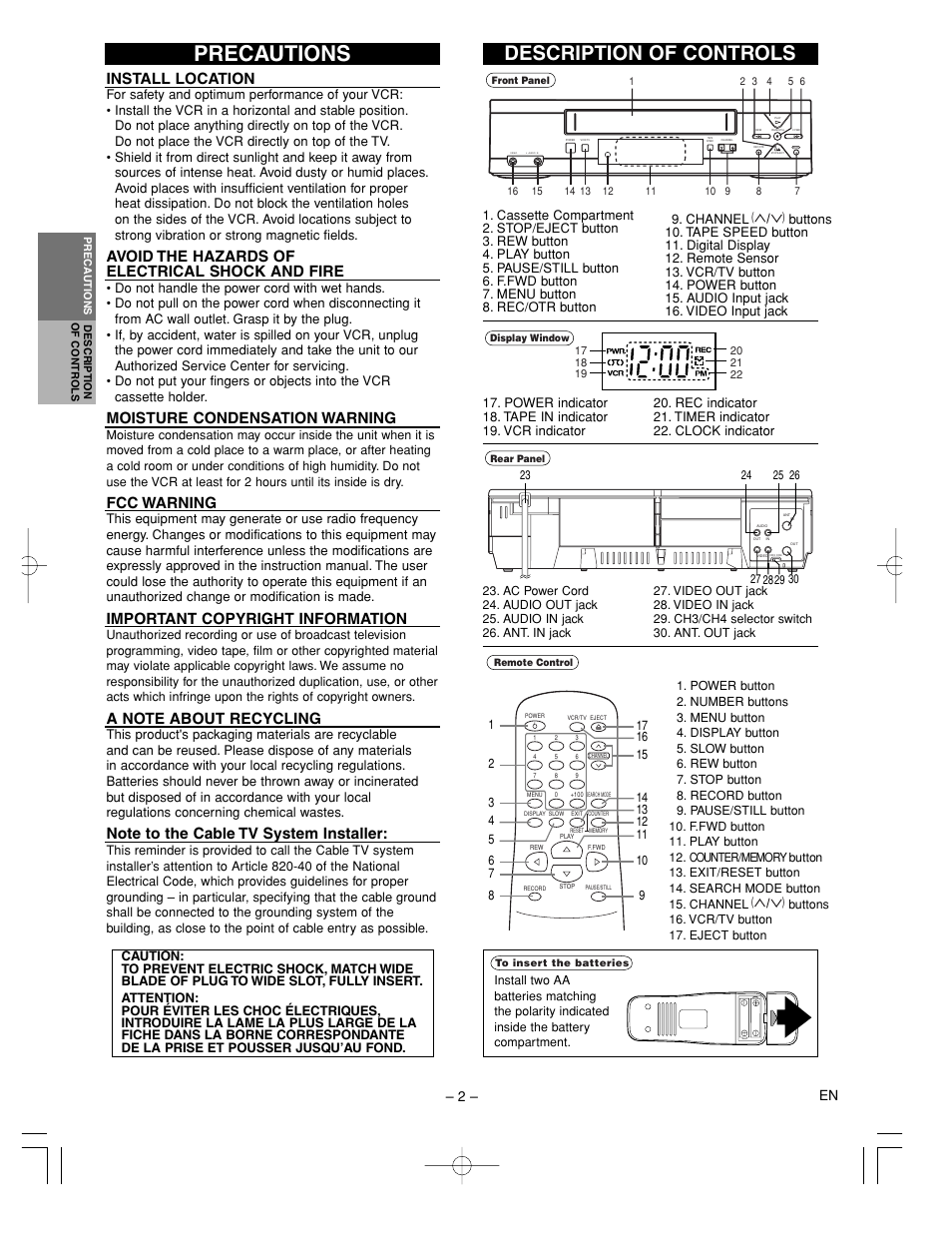 Precautions, Description of controls, Install location | Avoid the hazards of electrical shock and fire, Moisture condensation warning, Fcc warning, Important copyright information, 2 – en | Sylvania 6245FC User Manual | Page 2 / 8