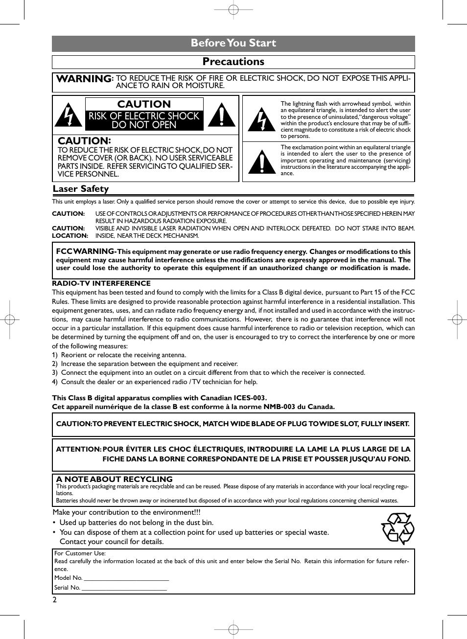 Precautions before you start, Warning, Caution | Caution risk of electric shock do not open | Sylvania HDRV200F User Manual | Page 10 / 156