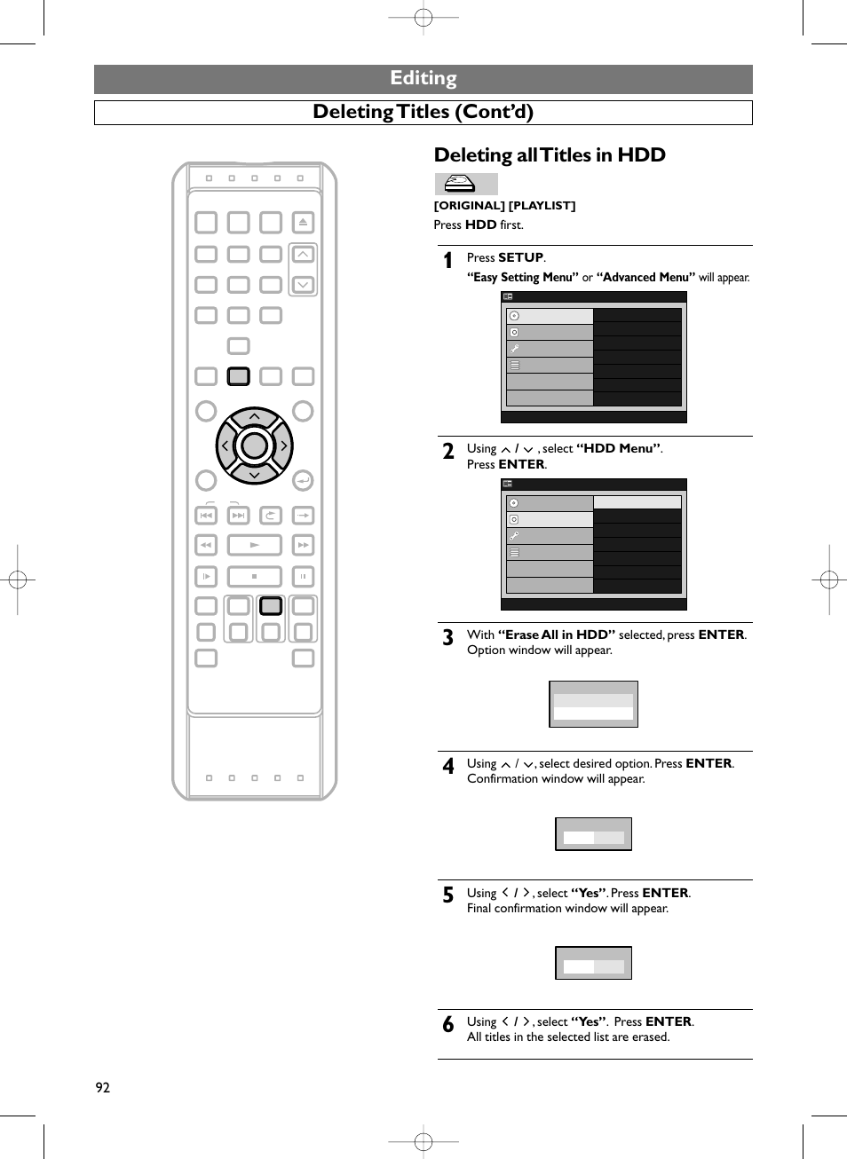 Editing deleting all titles in hdd, Deleting titles (cont’d), Press hdd first | Using / , select “hdd menu” . press enter, Original] [playlist | Sylvania HDRV200F User Manual | Page 100 / 156