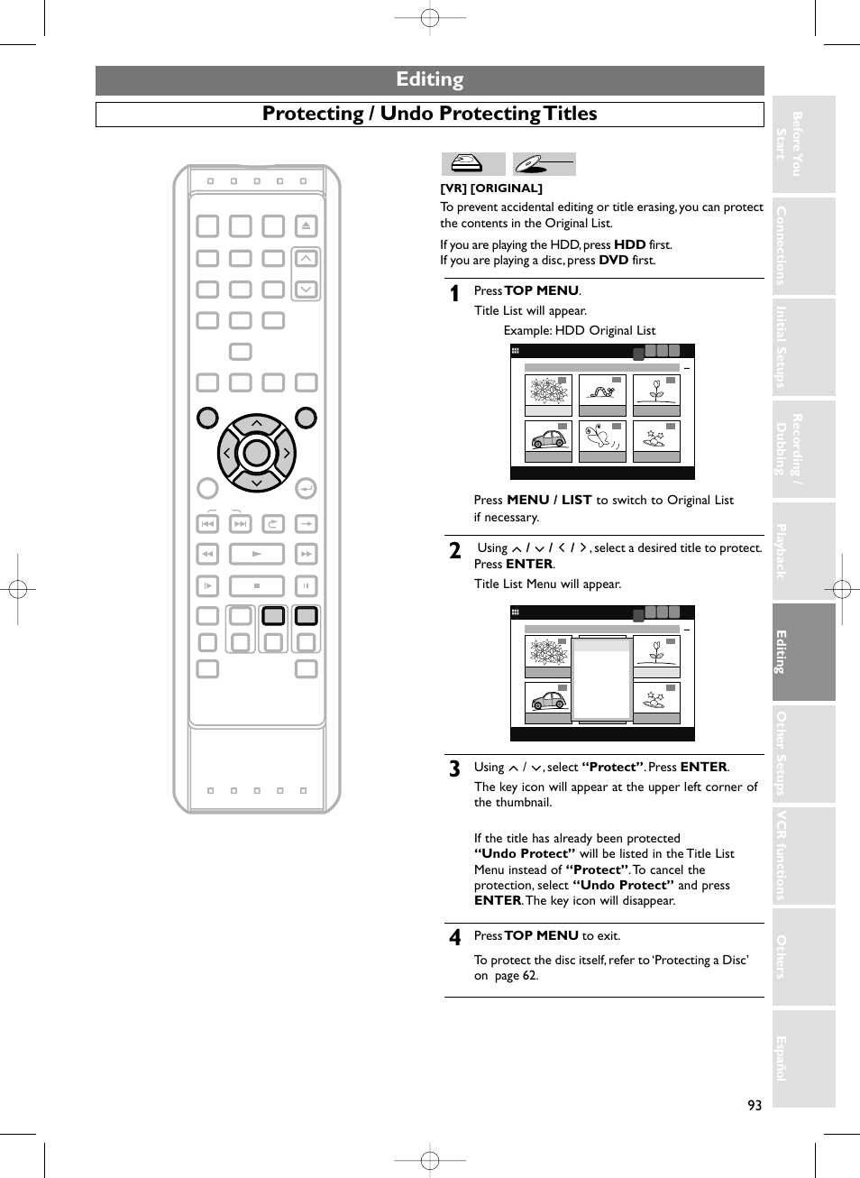 Editing, Protecting / undo protecting titles, Vr] [original | Dvd-rw | Sylvania HDRV200F User Manual | Page 101 / 156