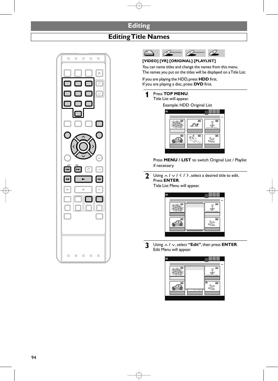 Editing editing title names, Video] [vr] [original] [playlist, Dvd-r | Dvd-r dvd-rw dvd-rw, Dvd-rw | Sylvania HDRV200F User Manual | Page 102 / 156