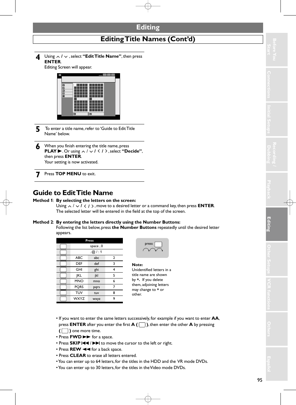 Editing, Editing title names (cont’d), Guide to edit title name | A b c a, Press top menu to exit | Sylvania HDRV200F User Manual | Page 103 / 156