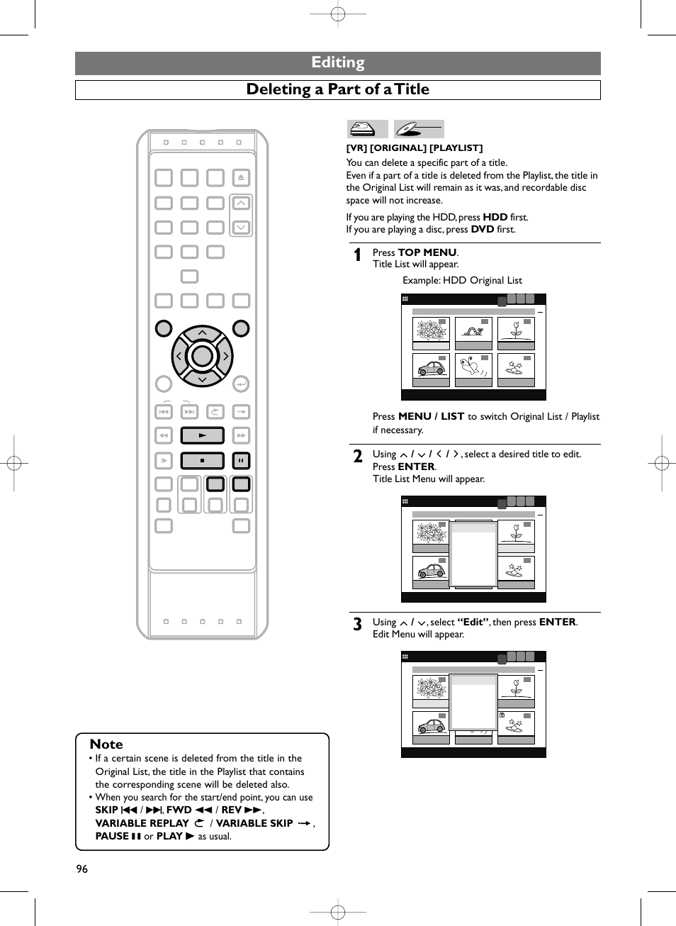 Editing deleting a part of a title, Vr] [original] [playlist, Dvd-rw | Sylvania HDRV200F User Manual | Page 104 / 156