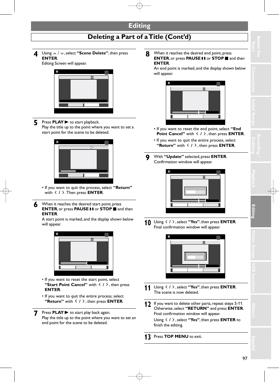 Editing, Deleting a part of a title (cont’d), Press top menu to exit | Sylvania HDRV200F User Manual | Page 105 / 156