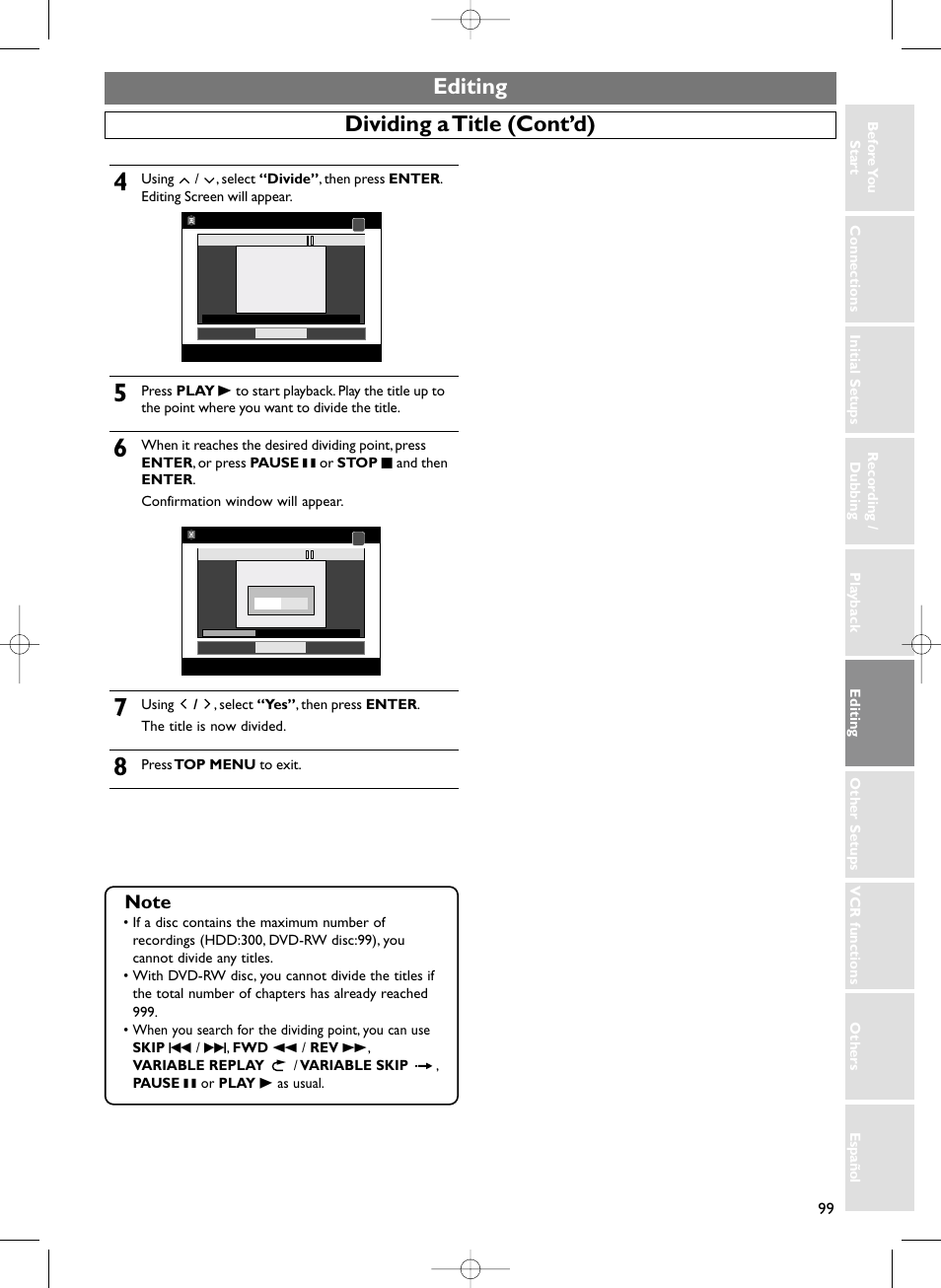 Editing, Dividing a title (cont’d) | Sylvania HDRV200F User Manual | Page 107 / 156