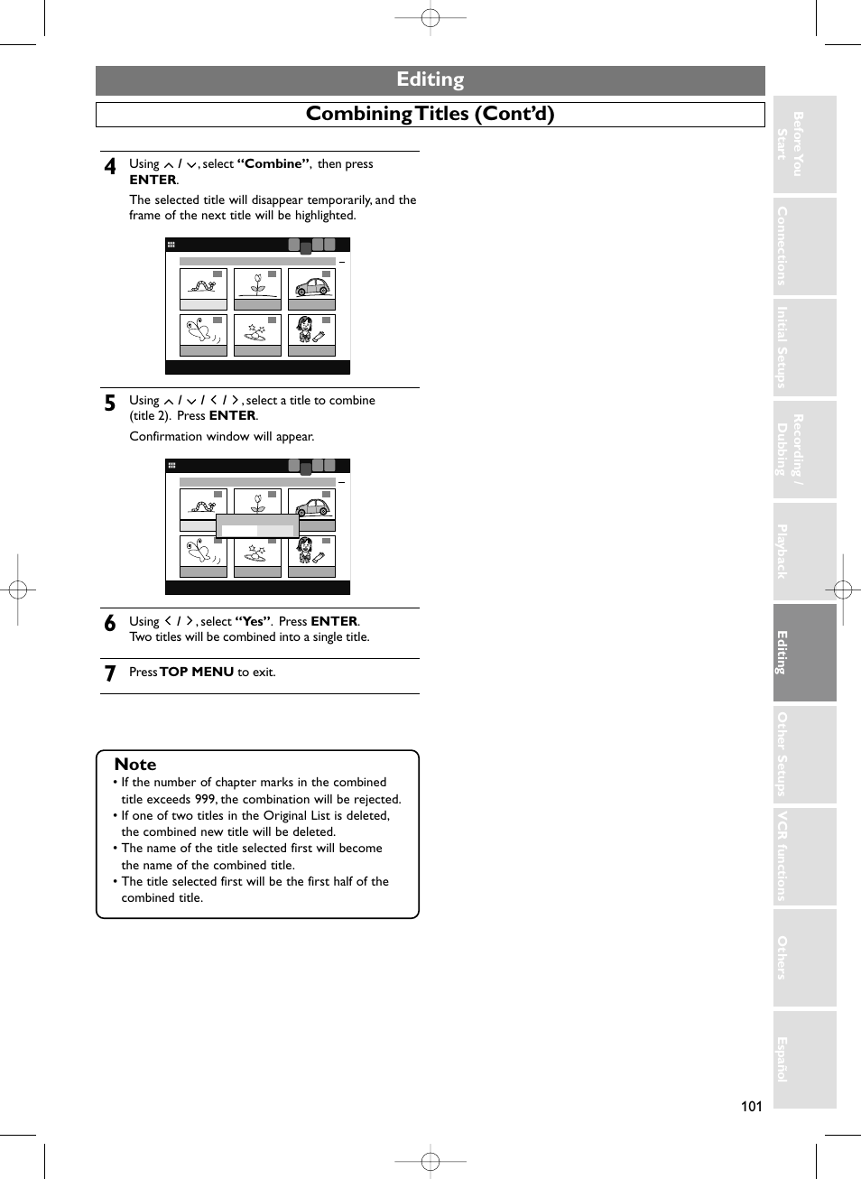 Editing, Combining titles (cont’d), Press top menu to exit | Sylvania HDRV200F User Manual | Page 109 / 156