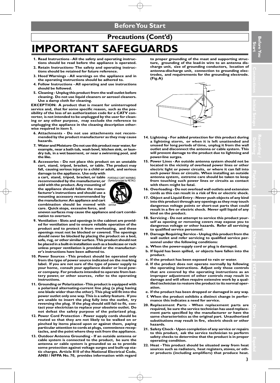 Important safeguards, Precautions (cont’d) before you start | Sylvania HDRV200F User Manual | Page 11 / 156