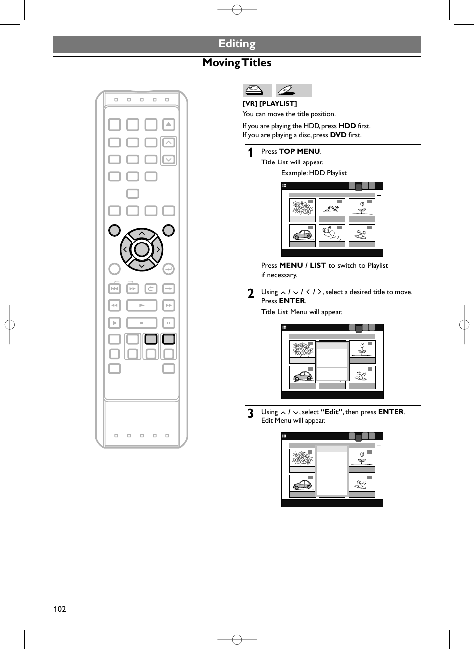 Editing, Moving titles, Vr] [playlist | Dvd-rw | Sylvania HDRV200F User Manual | Page 110 / 156
