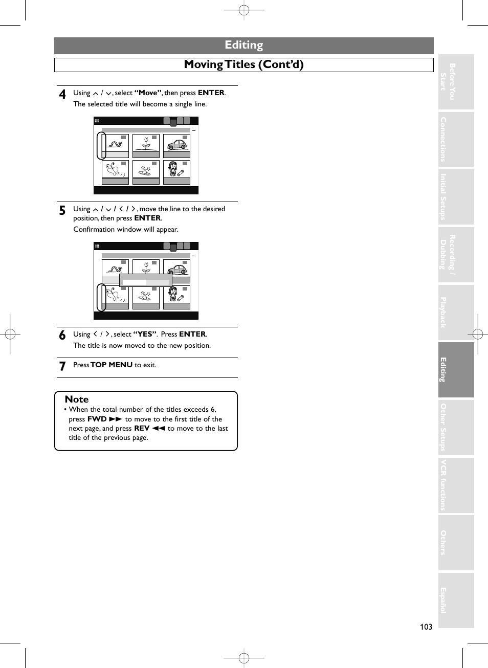 Editing, Moving titles (cont’d), Press top menu to exit | Sylvania HDRV200F User Manual | Page 111 / 156