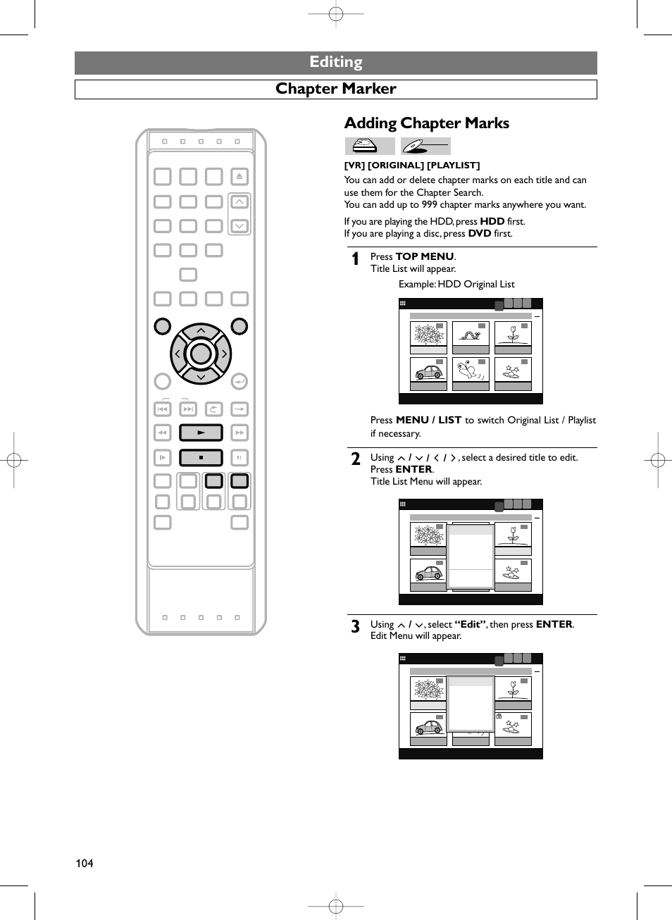 Editing chapter marker, Adding chapter marks, Vr] [original] [playlist | Dvd-rw | Sylvania HDRV200F User Manual | Page 112 / 156