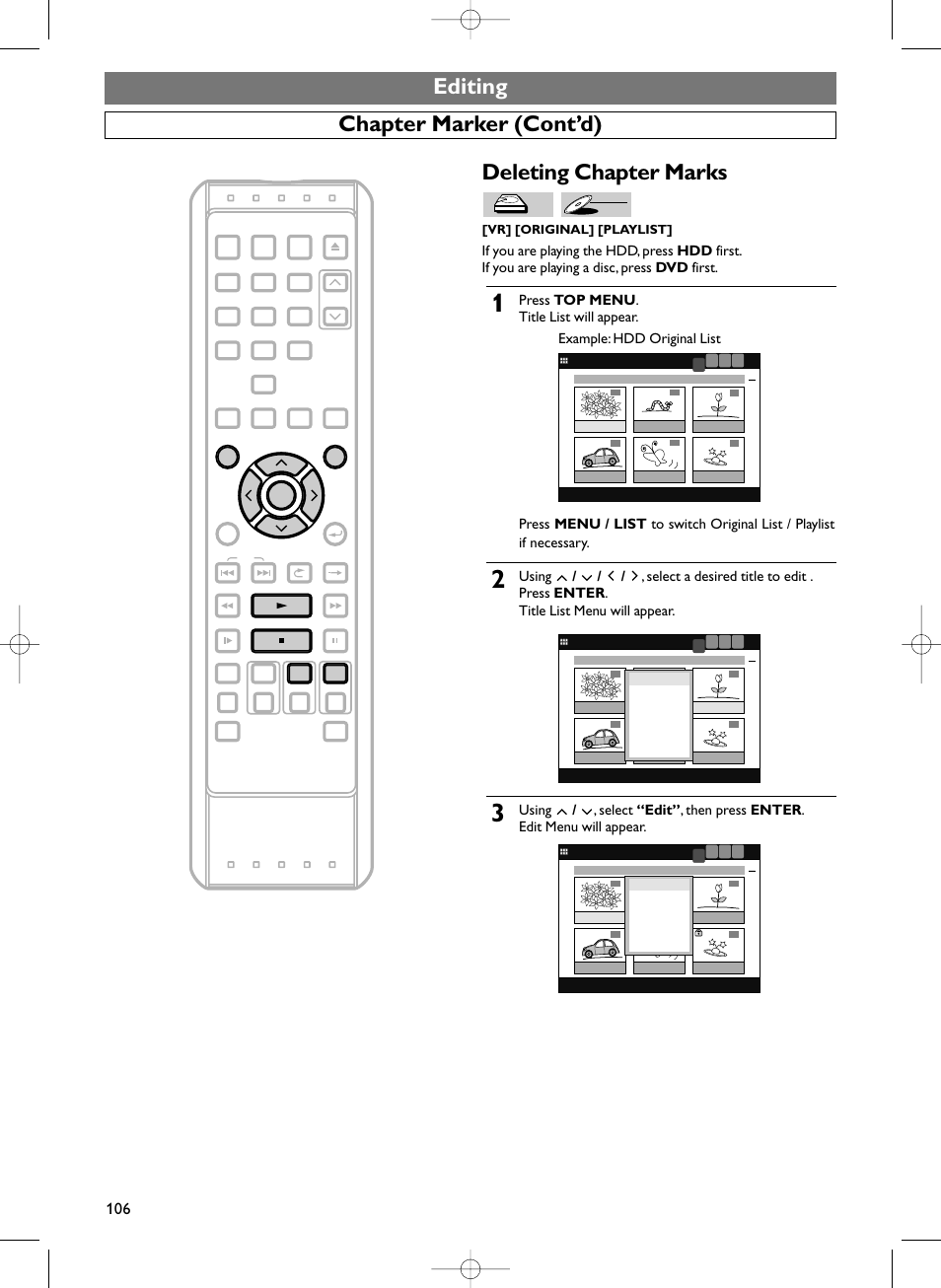 Editing, Chapter marker (cont’d) deleting chapter marks, Vr] [original] [playlist | Dvd-rw | Sylvania HDRV200F User Manual | Page 114 / 156