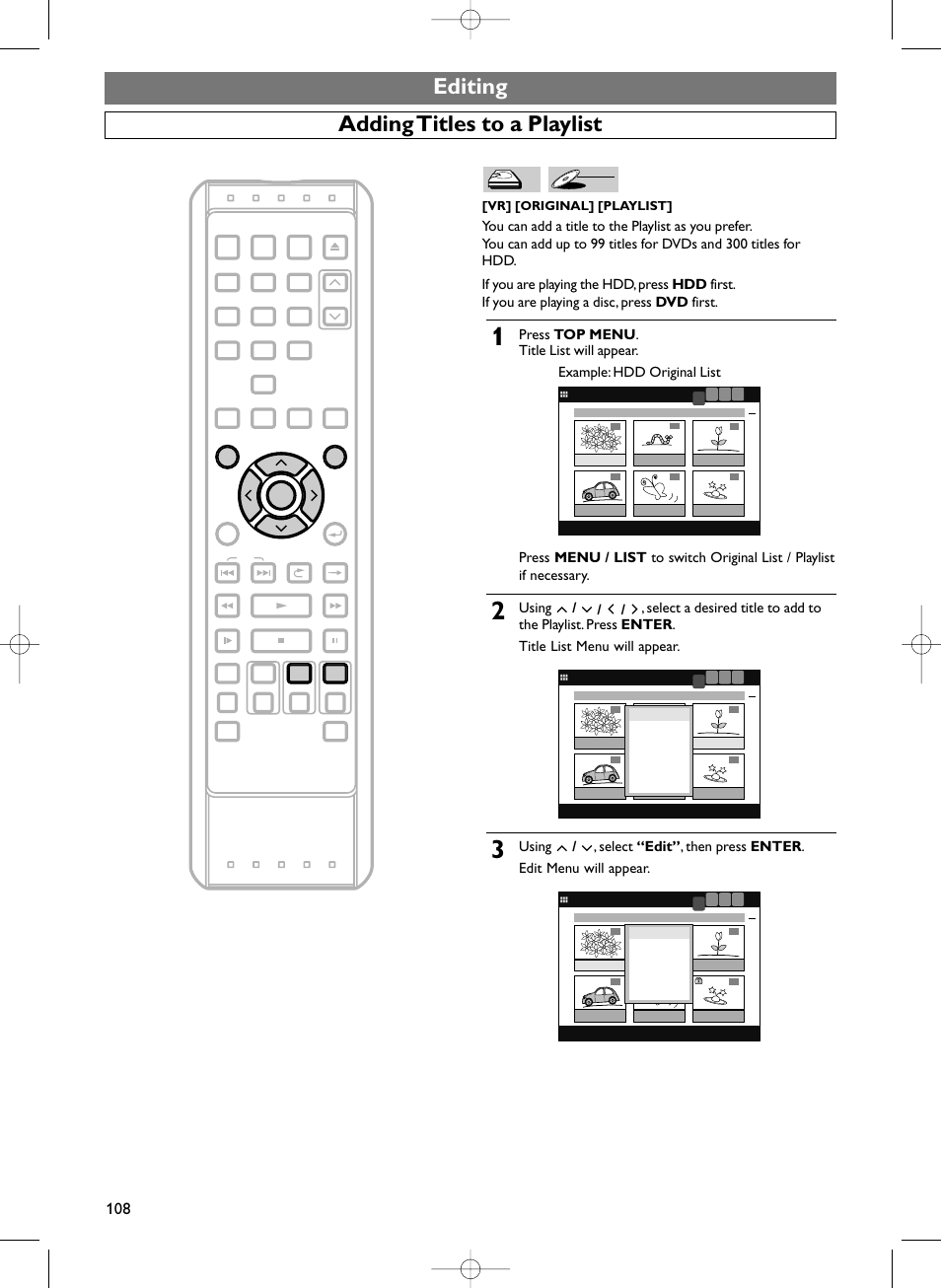 Editing adding titles to a playlist, Vr] [original] [playlist, Dvd-rw | Sylvania HDRV200F User Manual | Page 116 / 156
