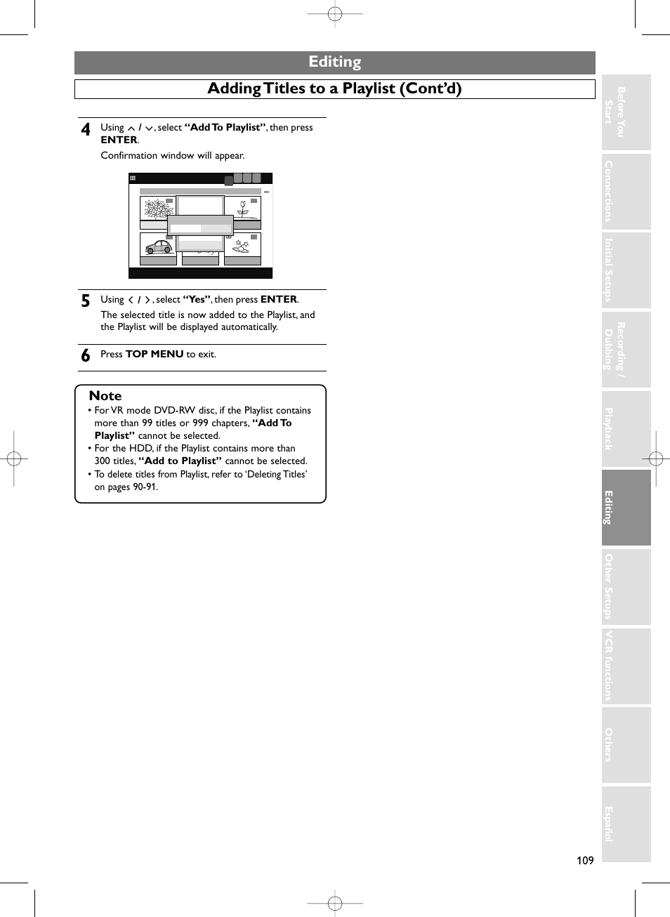 Editing, Adding titles to a playlist (cont’d), Press top menu to exit | Sylvania HDRV200F User Manual | Page 117 / 156