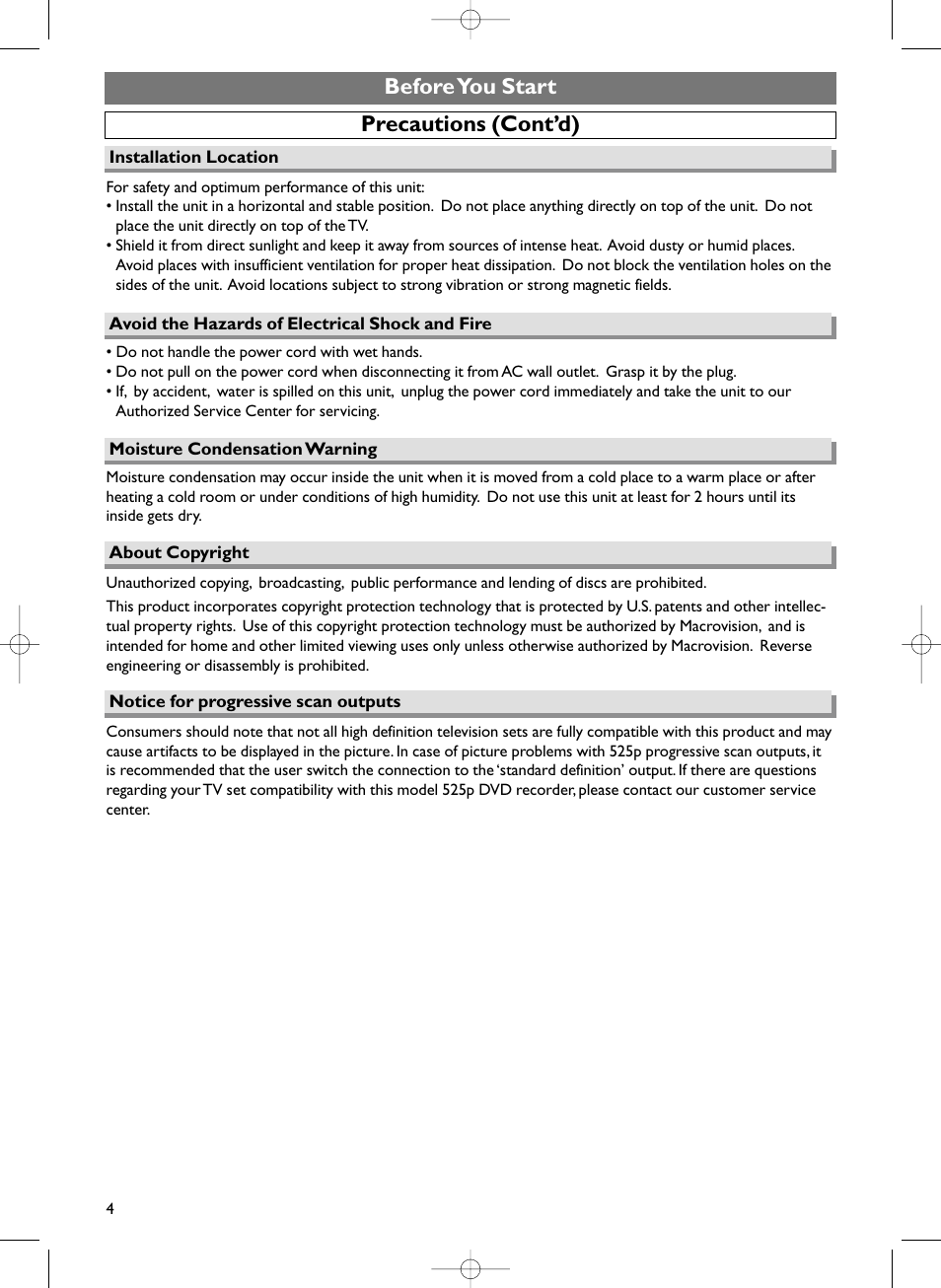 Precautions (cont’d), Before you start | Sylvania HDRV200F User Manual | Page 12 / 156