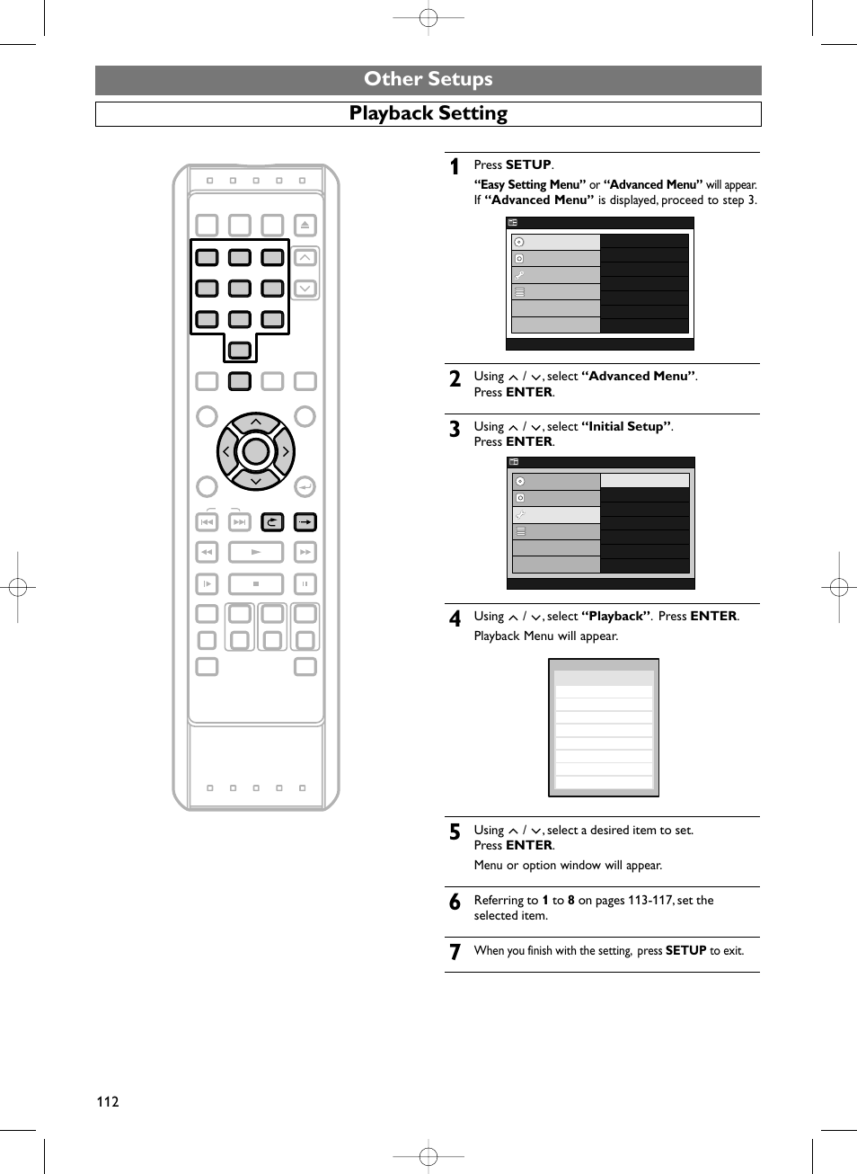 Other setups playback setting, Using / , select “advanced menu” . press enter, Using / , select “initial setup” . press enter | Sylvania HDRV200F User Manual | Page 120 / 156