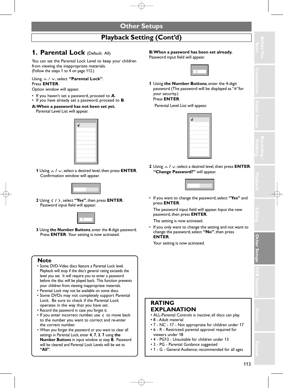 Other setups, Playback setting (cont’d), Parental lock | Rating explanation | Sylvania HDRV200F User Manual | Page 121 / 156