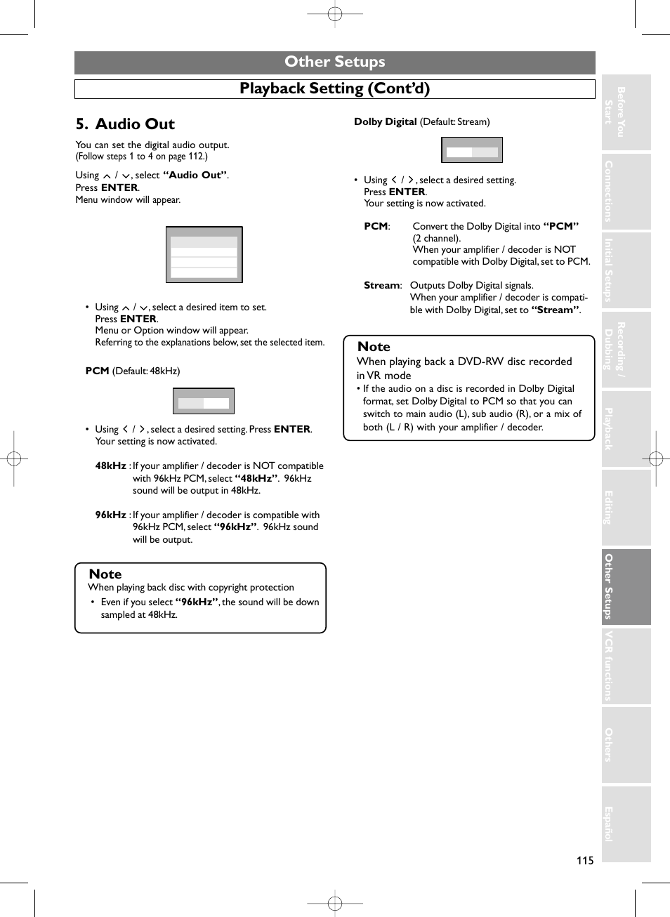 Other setups, Playback setting (cont’d), Audio out | Sylvania HDRV200F User Manual | Page 123 / 156