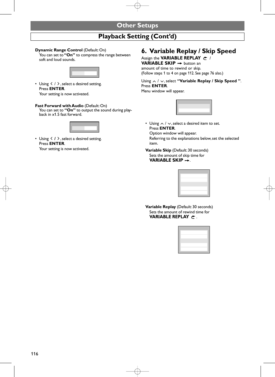 Variable replay / skip speed, Other setups, Playback setting (cont’d) | Variable replay, Variable skip | Sylvania HDRV200F User Manual | Page 124 / 156