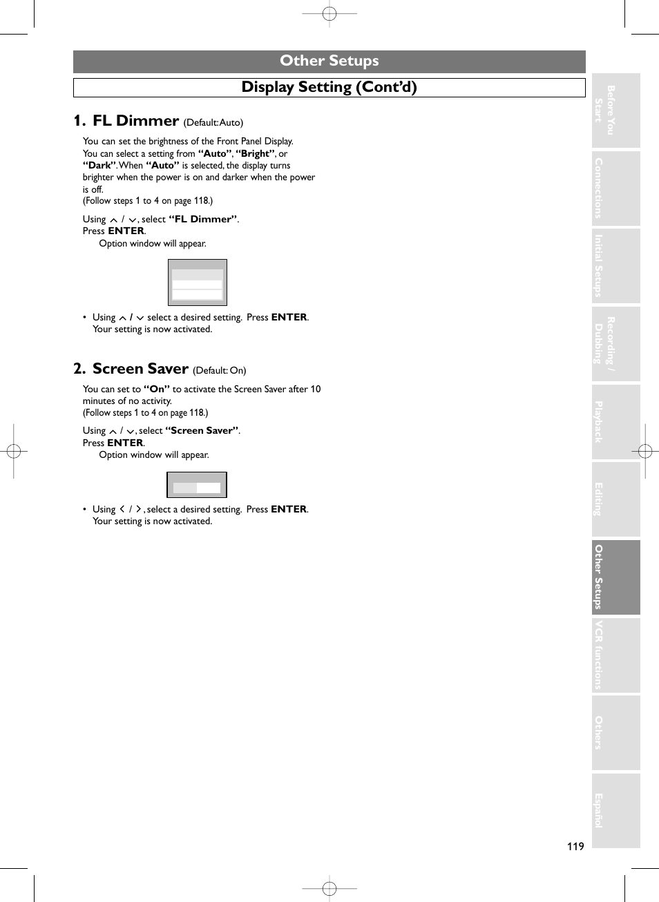 Other setups, Fl dimmer, Screen saver | Display setting (cont’d) | Sylvania HDRV200F User Manual | Page 127 / 156