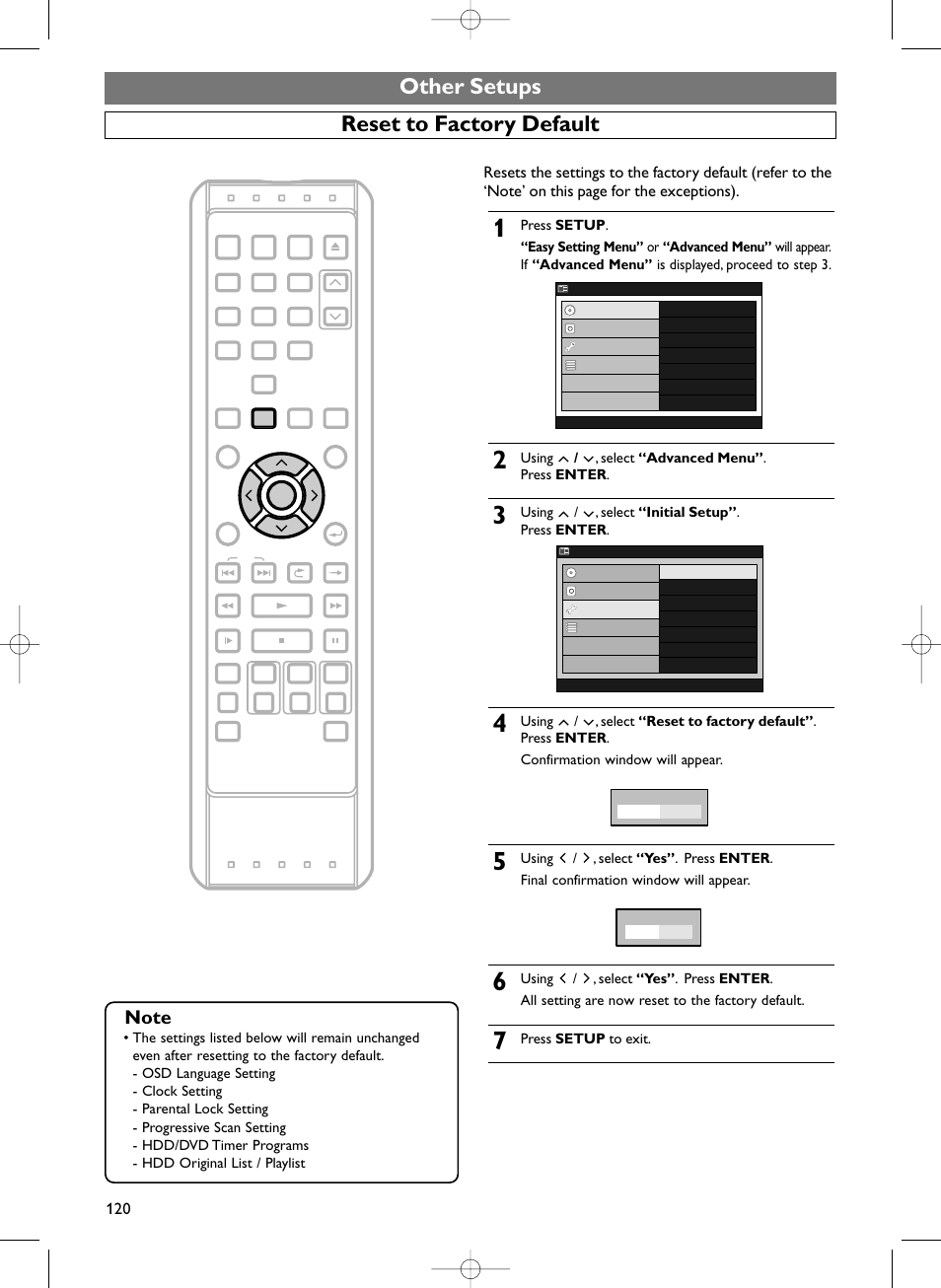Other setups reset to factory default, Using / , select “advanced menu” . press enter, Using / , select “initial setup” . press enter | Press setup to exit | Sylvania HDRV200F User Manual | Page 128 / 156
