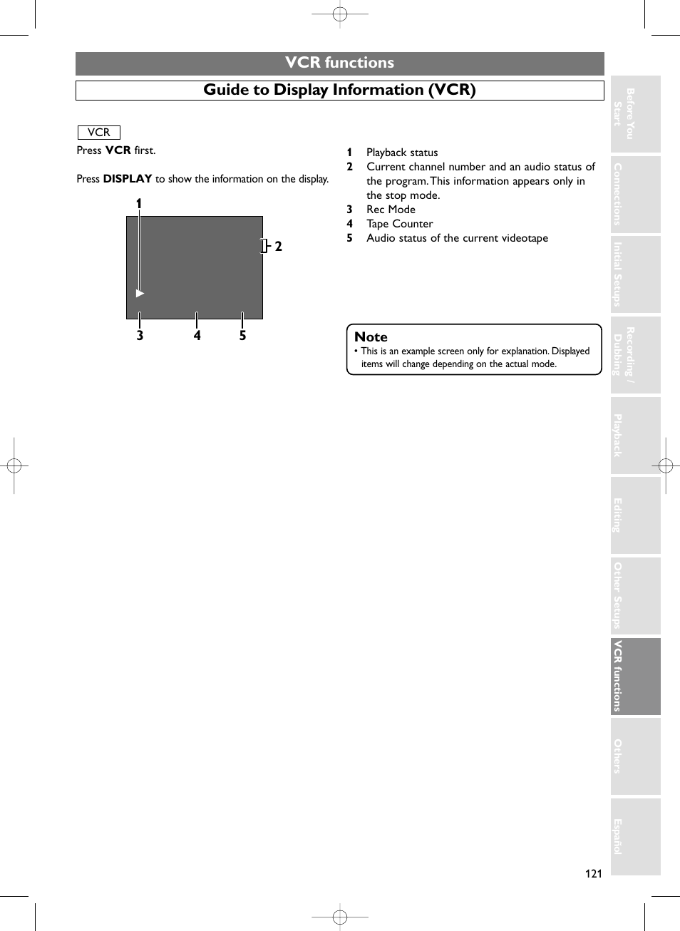 Vcr functions, Guide to display information (vcr) | Sylvania HDRV200F User Manual | Page 129 / 156