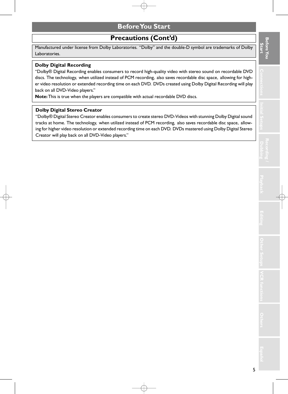 Precautions (cont’d) before you start | Sylvania HDRV200F User Manual | Page 13 / 156