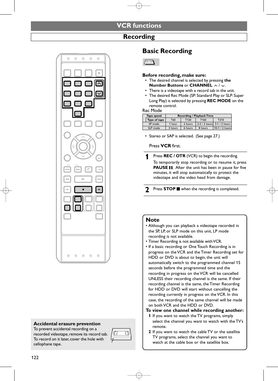 Vcr functions recording, Basic recording, Before recording, make sure | Rec mode, Press vcr first, Accidental erasure prevention, Stereo or sap is selected. (see page 27.), Press stop c when the recording is completed | Sylvania HDRV200F User Manual | Page 130 / 156