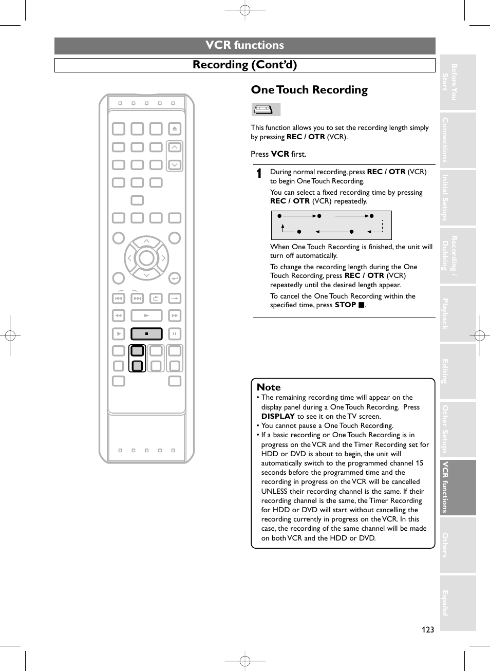 Vcr functions recording (cont’d), One touch recording, Press vcr first | Sylvania HDRV200F User Manual | Page 131 / 156