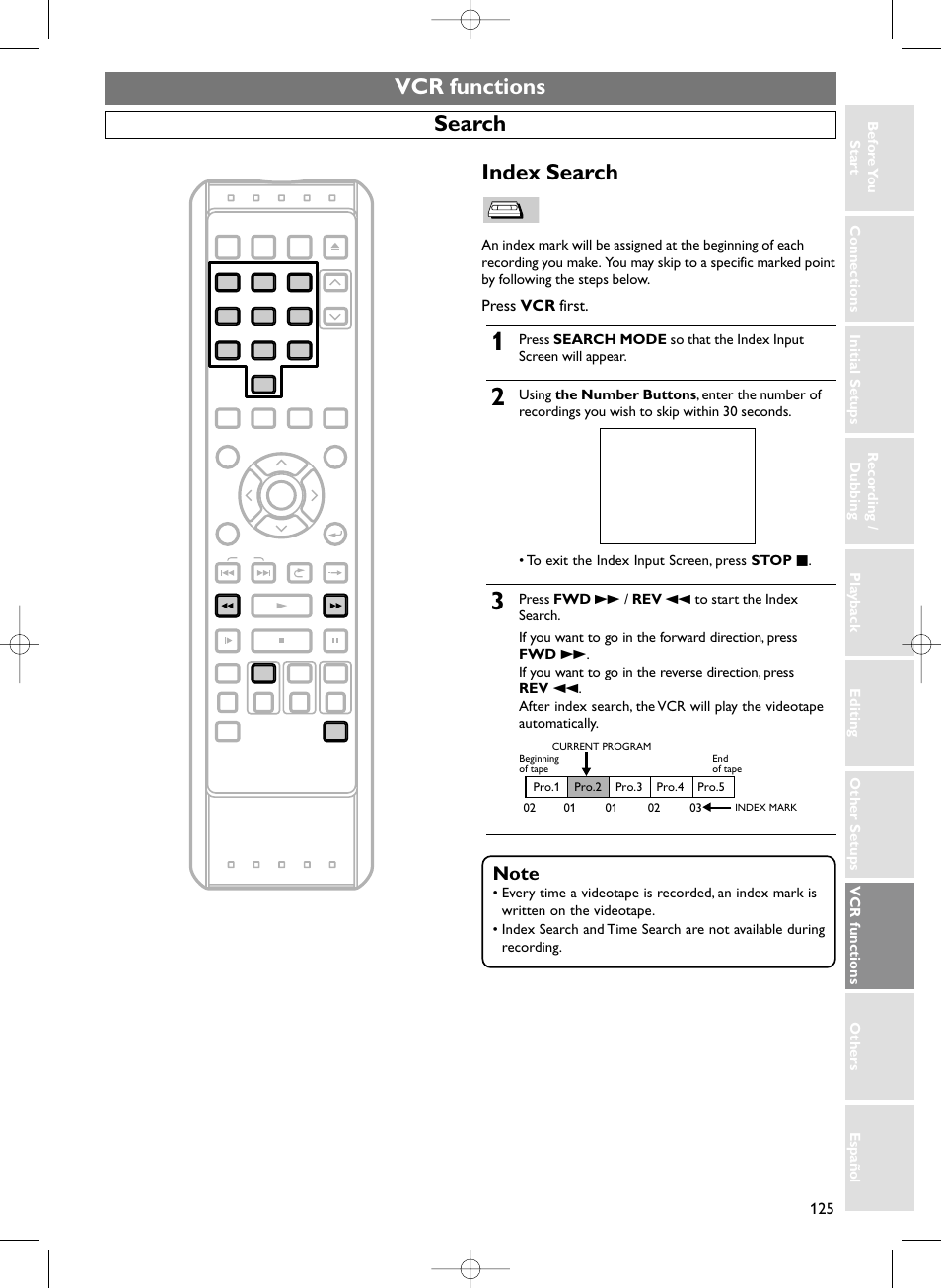 Vcr functions search, Index search, Press vcr first | Sylvania HDRV200F User Manual | Page 133 / 156