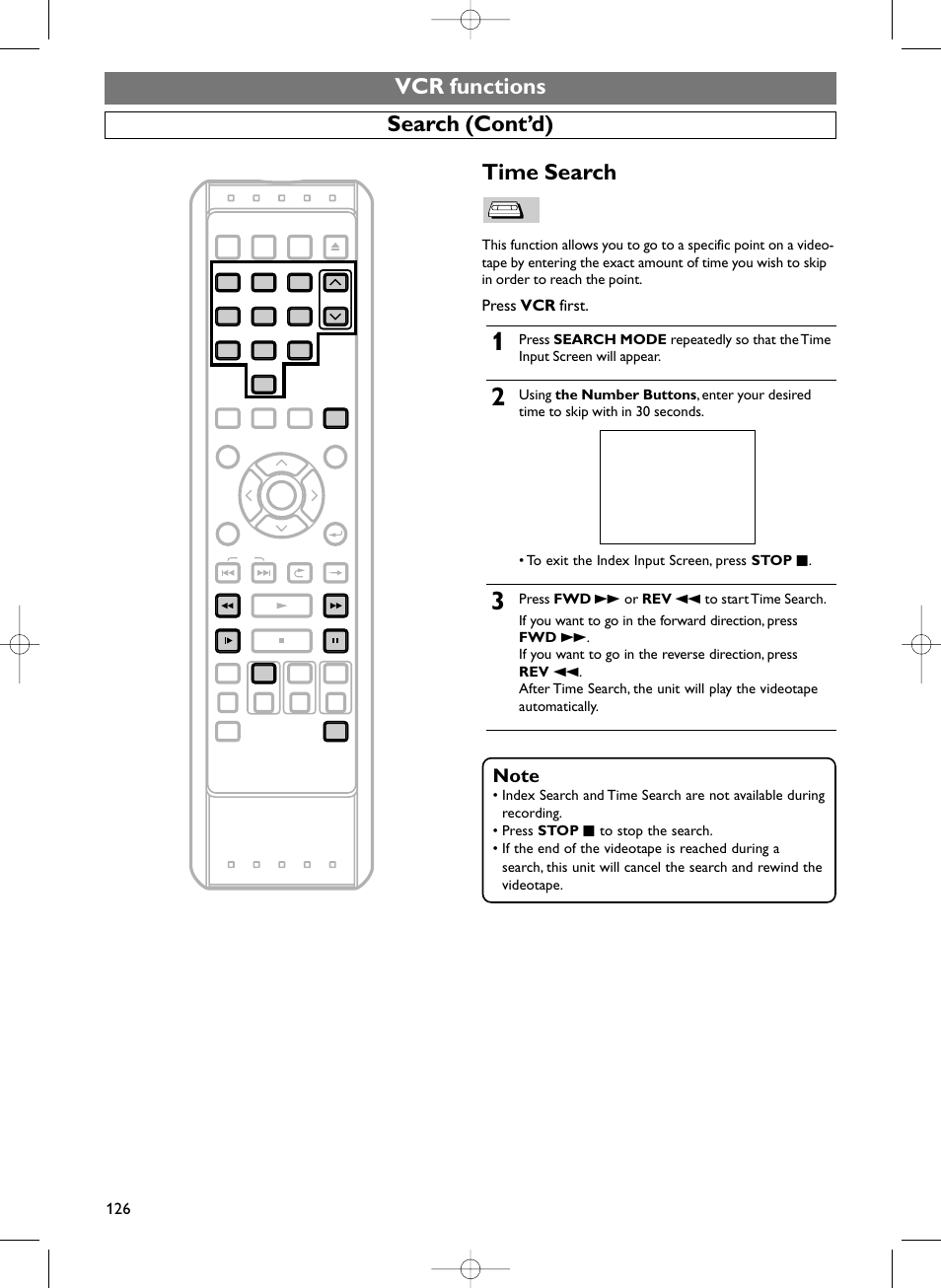 Vcr functions search (cont’d), Time search, Press vcr first | Sylvania HDRV200F User Manual | Page 134 / 156