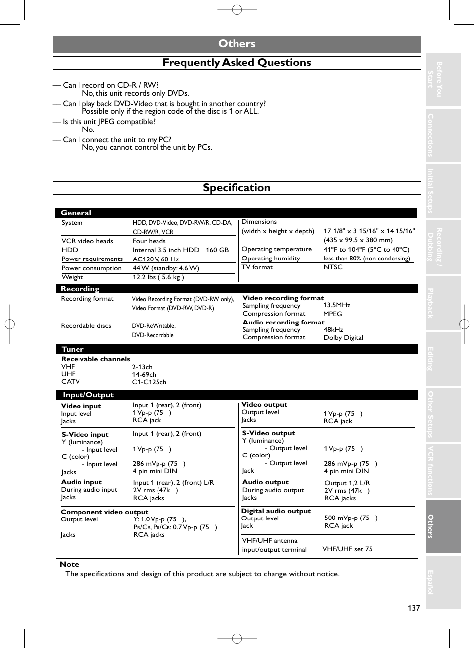 Others frequently asked questions specification | Sylvania HDRV200F User Manual | Page 145 / 156