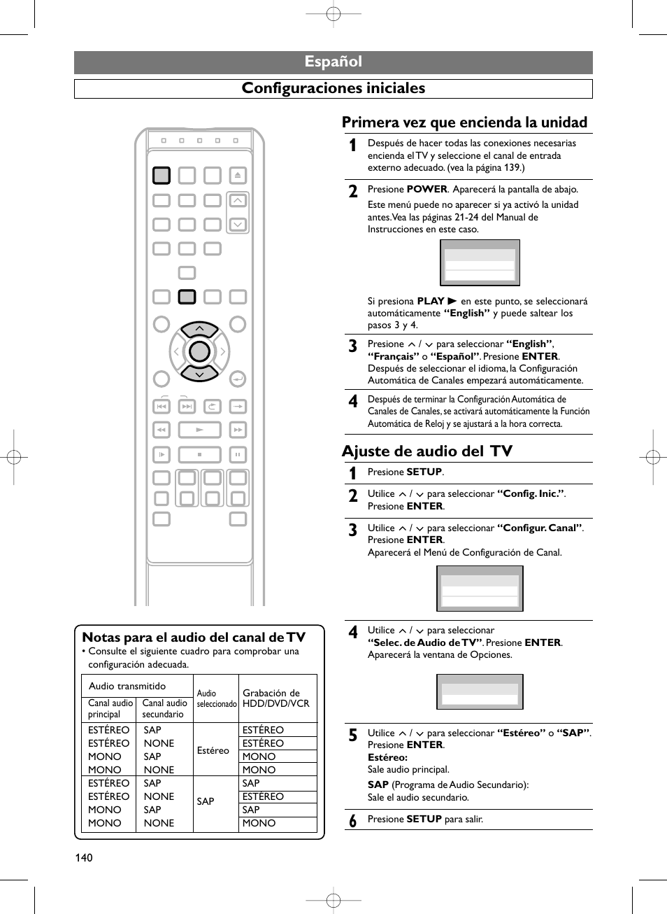 Ajuste de audio del tv, Notas para el audio del canal de tv | Sylvania HDRV200F User Manual | Page 148 / 156