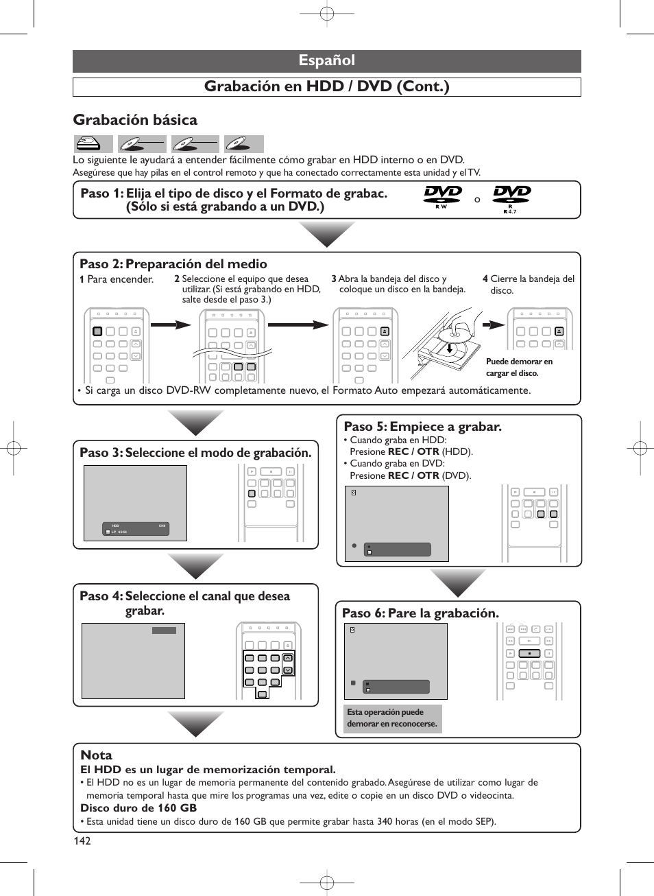 Paso 5: empiece a grabar, Paso 6: pare la grabación, Paso 4: seleccione el canal que desea grabar | Paso 3: seleccione el modo de grabación, Paso 2: preparación del medio, Nota, Para encender, Disco duro de 160 gb, 4 cierre la bandeja del disco. 1, Esta operación puede demorar en reconocerse | Sylvania HDRV200F User Manual | Page 150 / 156