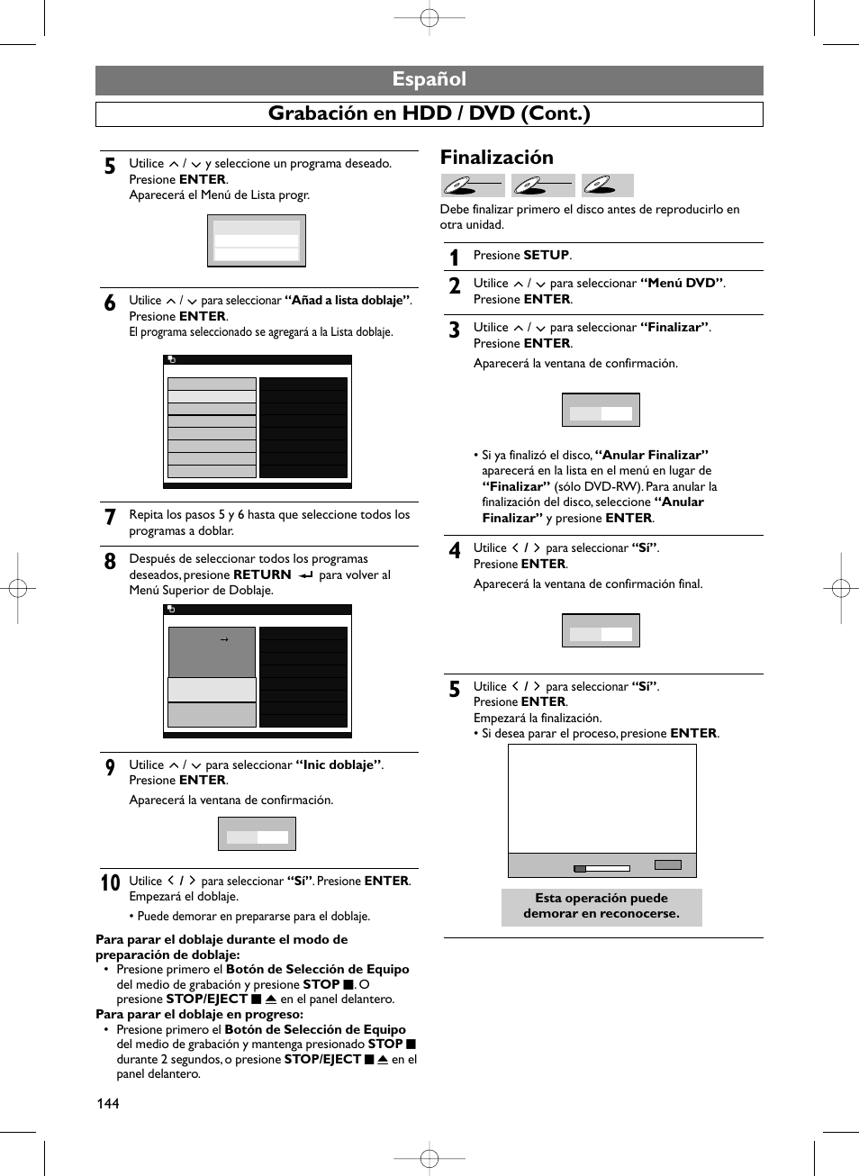 Español, Grabación en hdd / dvd (cont.) finalización | Sylvania HDRV200F User Manual | Page 152 / 156