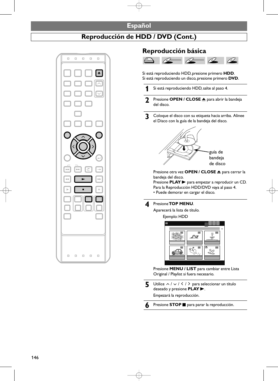Español, Guía de bandeja de disco, Si está reproduciendo hdd, salte al paso 4 | Presione stop c para parar la reproducción | Sylvania HDRV200F User Manual | Page 154 / 156