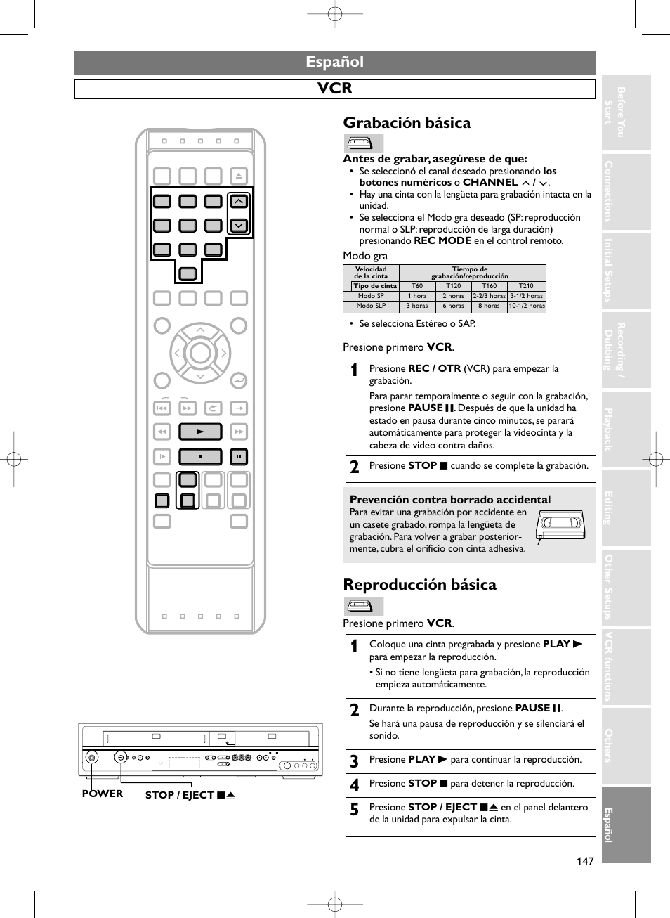 Español, Español vcr, Reproducción básica | Grabación básica, Presione primero vcr, Antes de grabar, asegúrese de que, Modo gra, Prevención contra borrado accidental | Sylvania HDRV200F User Manual | Page 155 / 156